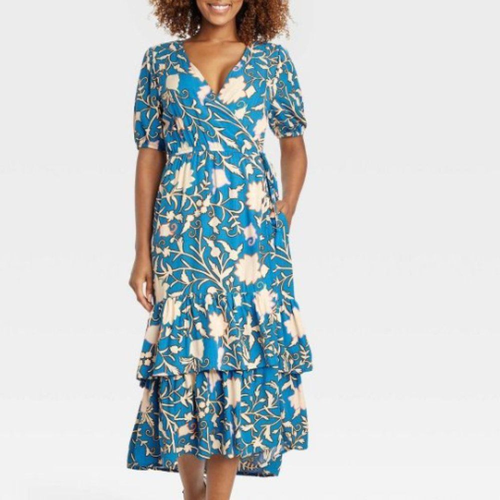 Knox Rose Blue Floral Midi Short Sleeve Wrap Dress - Size MEDIUM - NEW with tags